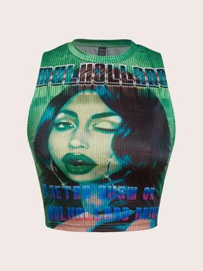 Figure & Letter Graphic Crop Summer Tank Crop Top Size L