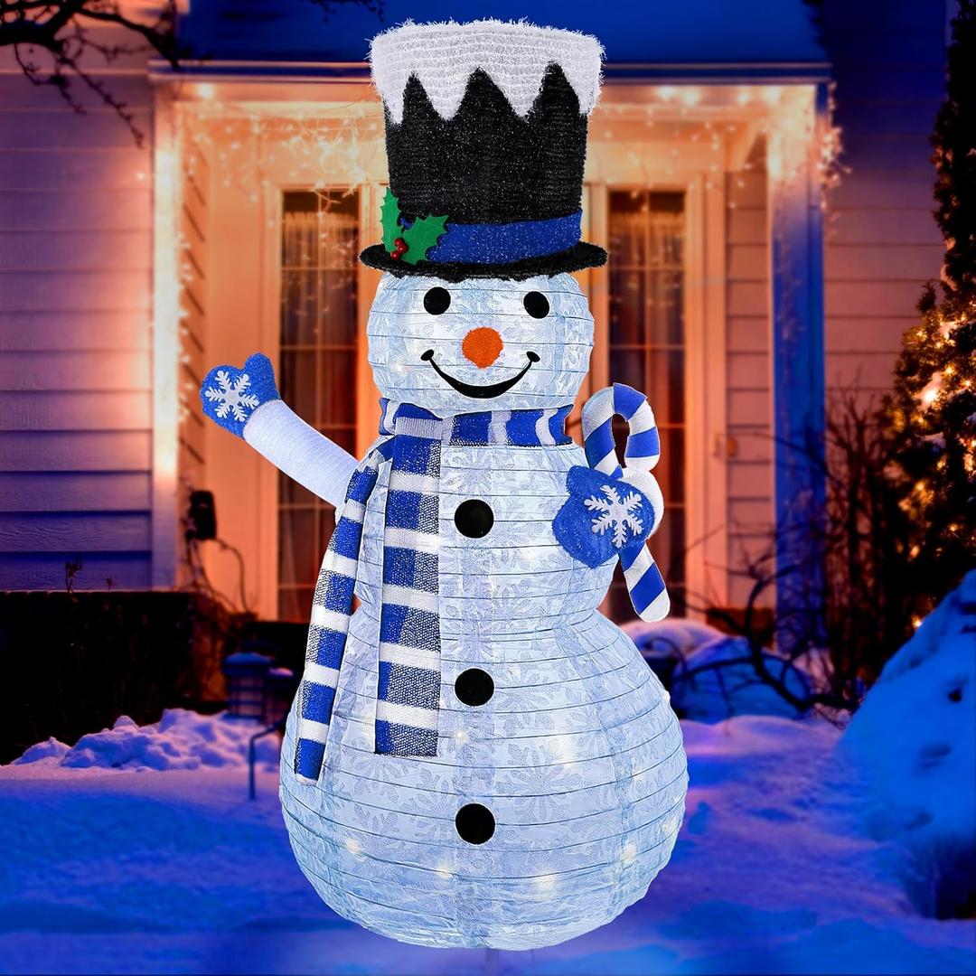 42-Inch Lighted Blue Snowman Outdoor Christmas Decoration, Collapsible Snowman with Blue Scarf and Snowflake Top Hat, Pre-Lit Holiday Yard Dcor for Indoor & Outdoor Use