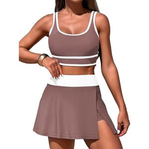 ZRTAK Women's High Waisted Bikini Sets Tummy Control Swim Skirt Two Piece Swim Suit Color Block Bathing Suit (Brown, Large) ZRTAK Women's High Waisted Bikini Sets Tummy Control Swim Skirt Two Piece Swim Suit Color Block Bathing Suit (Brown, Large)