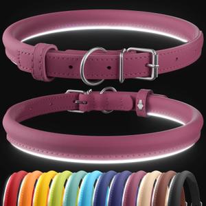 CollarDirect Reflective Rolled Leather Dog Collar, Soft Padded Round Puppy Collar, Handmade Genuine Leather Collar Dog Small Large Cat Collars 13 Colors (8-11 Inch, Pink Smooth)