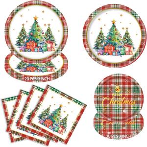 60Pcs Christmas Tree Plaid Party Supplies  9 Inch & 7 Inch Paper Plates and Napkins, Red Green Plaid with Christmas Tree, Gift & Golden Star Design for Holiday, Dinner, Winter Party, Serve 20 (Twinkling Christmas Wishes)