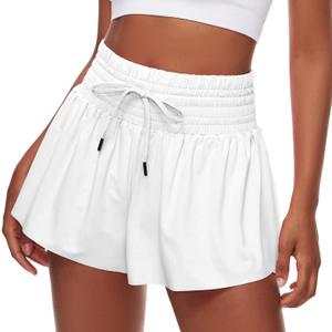 Edenfox Women Flowy Athletic Shorts,2 in 1 High Waisted Running Shorts with Pocket Yoga Workout Casual Wear Summer (White, XXL)