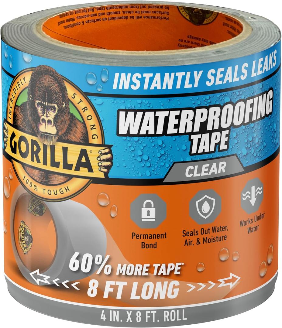 Gorilla Waterproof Patch & Seal Tape, Clear Tape, 4" x 8' (Pack of 1) - Permanent Weather Resistant Seal for Leaks and Repairs