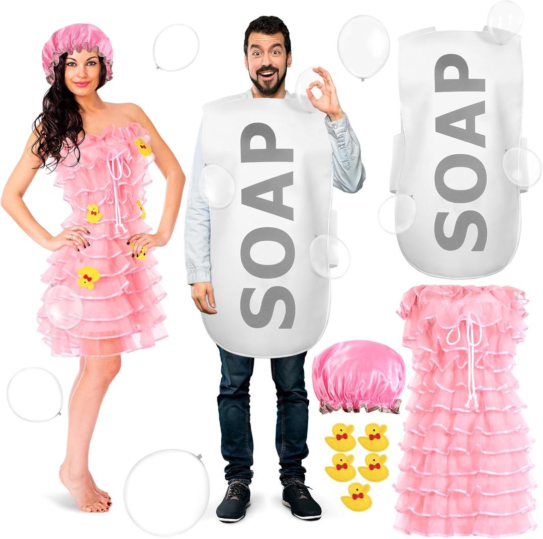 Suhine 23 Pcs Loofah and Soap Costume Halloween Party Couple Novelty Costumes for Adult Role Play Funny Carnival Cosplay (Pink)