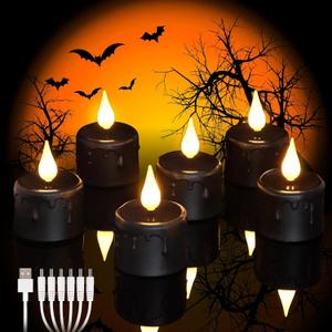 6 pcs Rechargeable Halloween Black Flameless LED Tea Light Candles Halloween Pumpkins Lights for Holiday Decor, Theme Party Decor(Black)