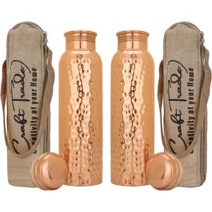 Craft Trade Pack of 2 Pure Copper Bottle with Lid and Carry Bag for Drinking Water BPA Free Leak Proof Boosts Immunity, Supports Digestive & Liver Health, Ayurveda Inspired 34oz - 1 Litre Natural (Natural Copper)