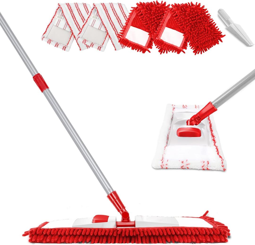 MASTERTOP Microfiber Mop for Floor Cleaning, Flat Dust Mop for Home and Kitchen, Adjustable Stainless Steel Handle with 4 Washable Mop Pads, Hardwood Floor Mop for Wood, Vinyl, 1 Cleaning Scraper (Red Mop)