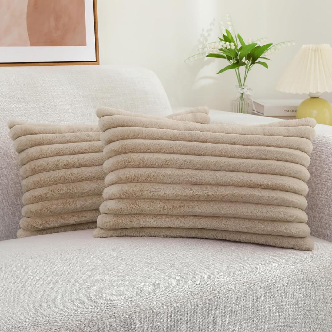 decorUhome Faux Fur Throw Pillow Covers 12x20 Set of 2, Decorative Soft Plush Striped Lumbar Neutral Couch Pillow Covers with Velvet Back for Sofa, Bed, Living Room Home Decor, Khaki