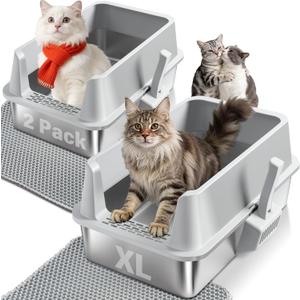 2PACK Stainless Steel Cat Litter Box, Extra Large Litter Boxes for Big Cats | High Sided, Anti-Urine Leakage, Odor Free, Non-Sticky, Easy Cleaning, Include Mat & Scoop