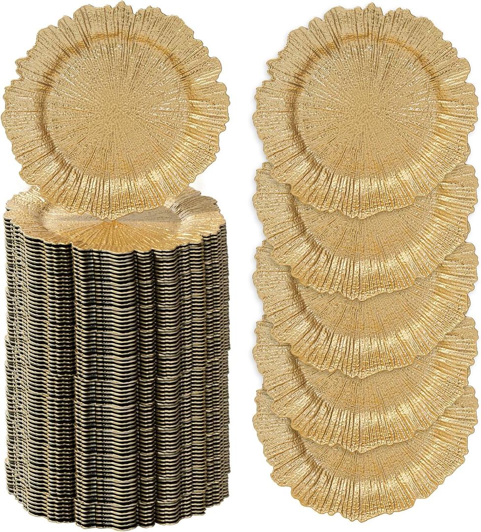 MAONAME 13" Gold Charger Plates Set of 100, Plastic Reef Plate Chargers Bulk, Round Charger for Dinner Plates, Table Chargers for Wedding Decor