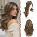 FESHFEN Brown Mixed Blonde Wavy Layered Wig with Curtain Bangs for Women, 20 Inch Long Synthetic Natural Looking Middle Part Hair Wig For Costume Party Daily Use