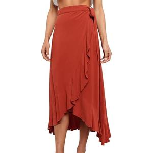 Ezcosplay Women Ruffle Wrap Skirt Tie Waist Boho High Low Asymmetrical Midi Beach Skirt, Small