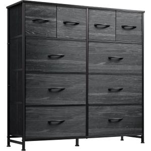 WLIVE Dresser for Bedroom with 10 Fabric Drawers, Tall Chest Organizer Units for Clothing, Closet, Storage Tower with Cabinet, Metal Frame, Wooden Top, Charcoal Black Wood Grain Print