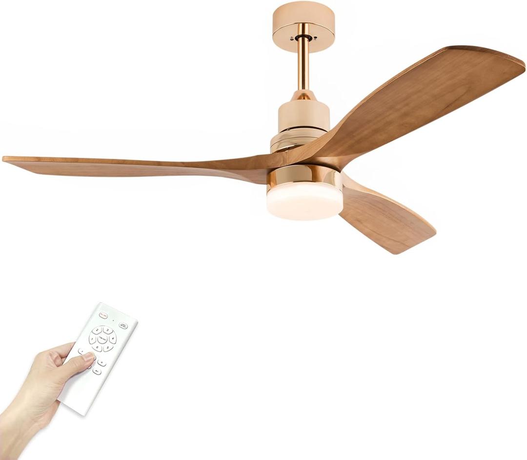Modern Indoor Ceiling Fan with Light Remote Control, 3 Solid Wood Blades, 6 Speed DC Motor,22W Dual Color LED, Outdoor Ceiling Fan Chandelier for Living Room,Bedroom,Patio,Dining Room (Gold A,52inch)