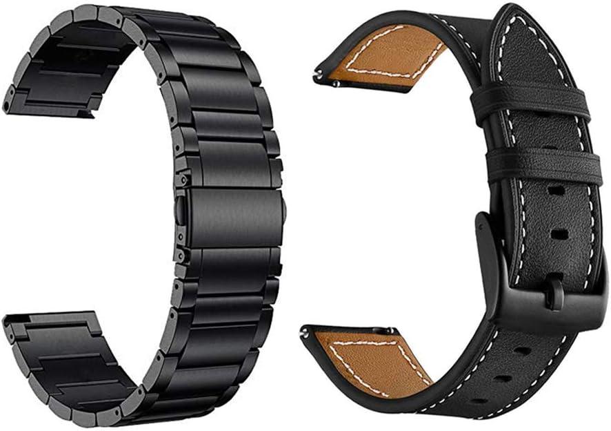 YEEJOK Vivoactive 6/5/3 Bands for Men Women, 20mm Watch Bands Replacement Metal + Leather Compatible for Garmin Venu/Venu Sq/Venu 2 Plus/Vivoactive 3 Music/Forerunner 645/245 Smartwatch-2 Pack (Black & Black)