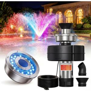 Pond Fountain Aerator, 1HP 110V 15000 GPH Stainless Steel Floating Pump w/ 100ft Cord – Aerator for Ponds, Lakes, Water Gardens (Black +Light)