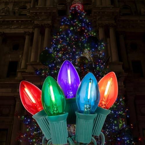 CHYParty 10FT C7 Christmas Lights, Multicolor LED Indoor String Lights with 10 Vintage Bulbs, for Xmas Tree, Window, Party Backdrop, Plug in with Green Wire