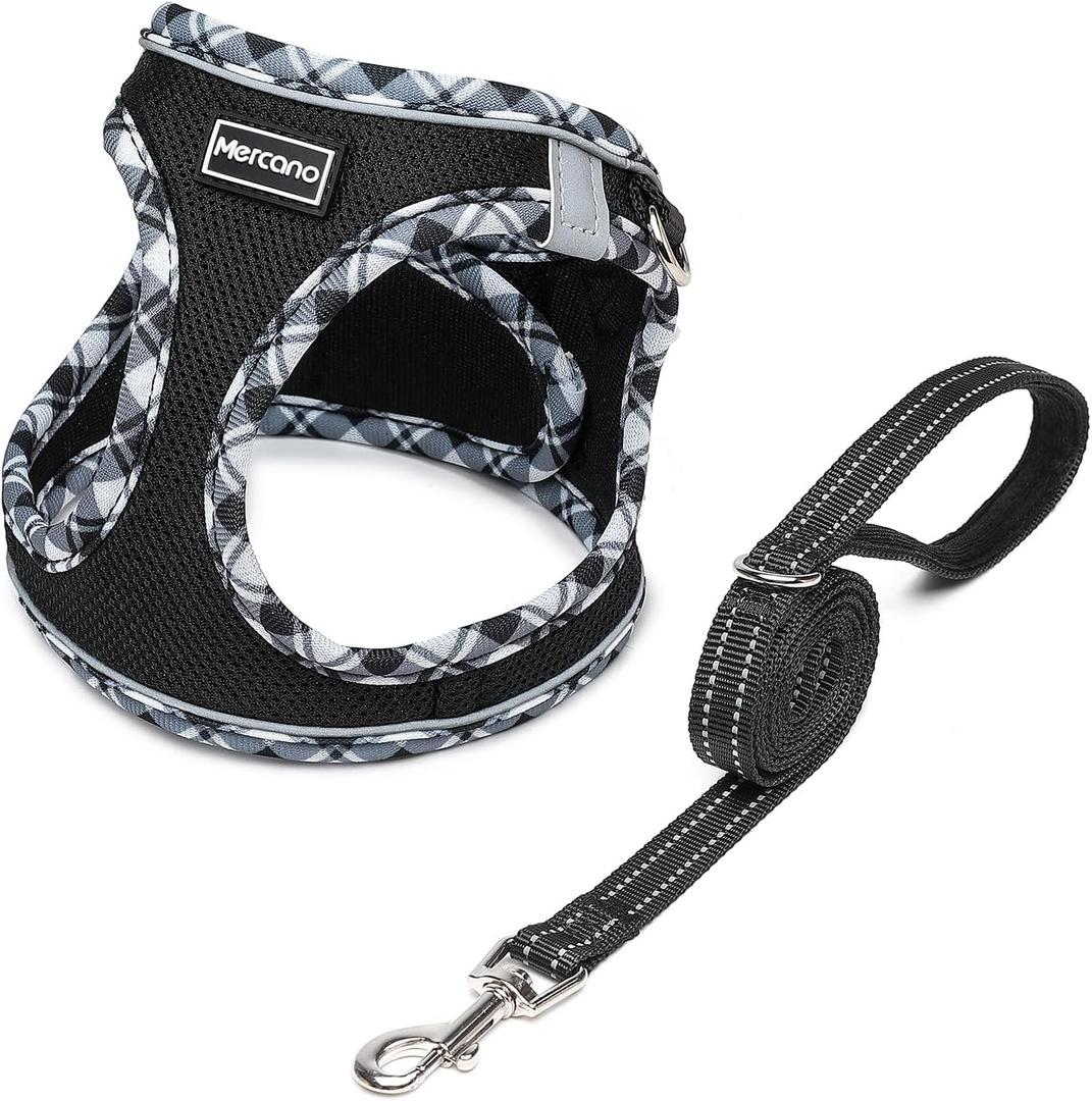 Mercano Soft Mesh Dog Harness and Leash Set, No-Chock Step-in Reflective Breathable Lightweight Escape Proof Vest Harnesses with Safety Buckle for Small Dogs, Cats (Black White, M) (M (Chest: 15"-16.8"))
