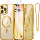 Meifigno Case Designed for iPhone 16 Pro 6.3 Inch, [Compatible with MagSafe] [2X Screen Protectors] [Glitter Card & Wrist Strap] Surround Lens Protection Designed for iPhone 16 Pro Case, Gold