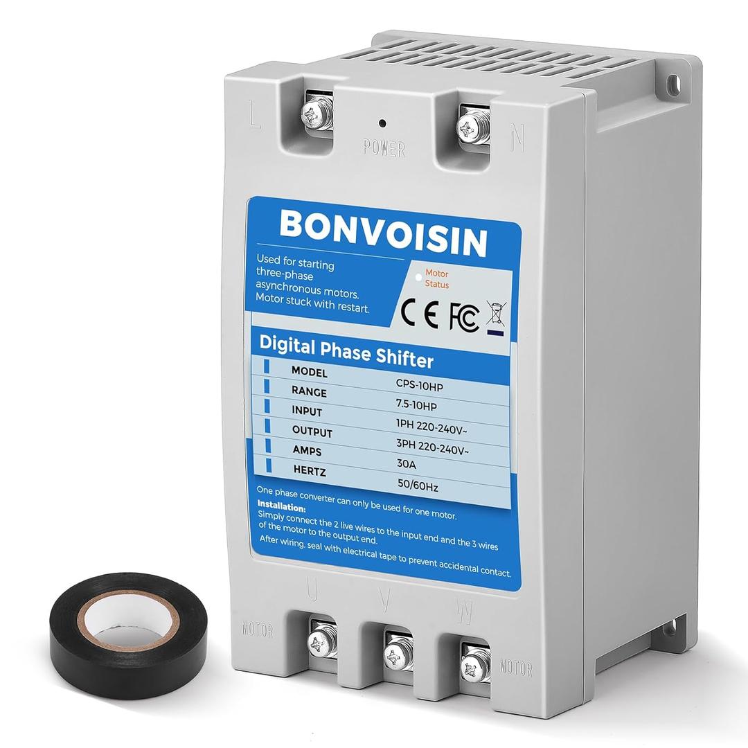 Bonvoisin Single Phase to 3 Phase Converter 10HP(7.5kW) Digital Phase Shifter, 30A 220V-240V Input/Output, One Converter only for one Motor.