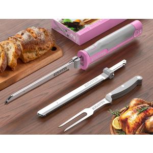 8V Cordless Electric Knife Set, Rechargeable Electric Carving Knife with Reciprocating Stainless Steel Blades for Meat & Bread, Fork Included, Equipped with interchangeable 2000mAh Large Capacity Battery, Ergonomic Handle and Safety Lock for Turkey, Meat, Poultry, Bread, Cheese ( Pink & Grey )