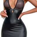 WDIRARA Women's 2 Piece Contrast Mesh Exotic Babydoll Lingerie PU Leather Halter V Neck Backless Slips with Thong Set (Large, Black)
