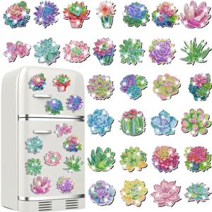Remuuly 30 Pcs Diamond Painting Magnets Summer Diamond Art Magnet Kits for Adults Spring Flower Animal Cupcake 5D Rhinestones Refrigerator Magnetic Stickers for Fridge DIY Crafts Gifts(Succulents)