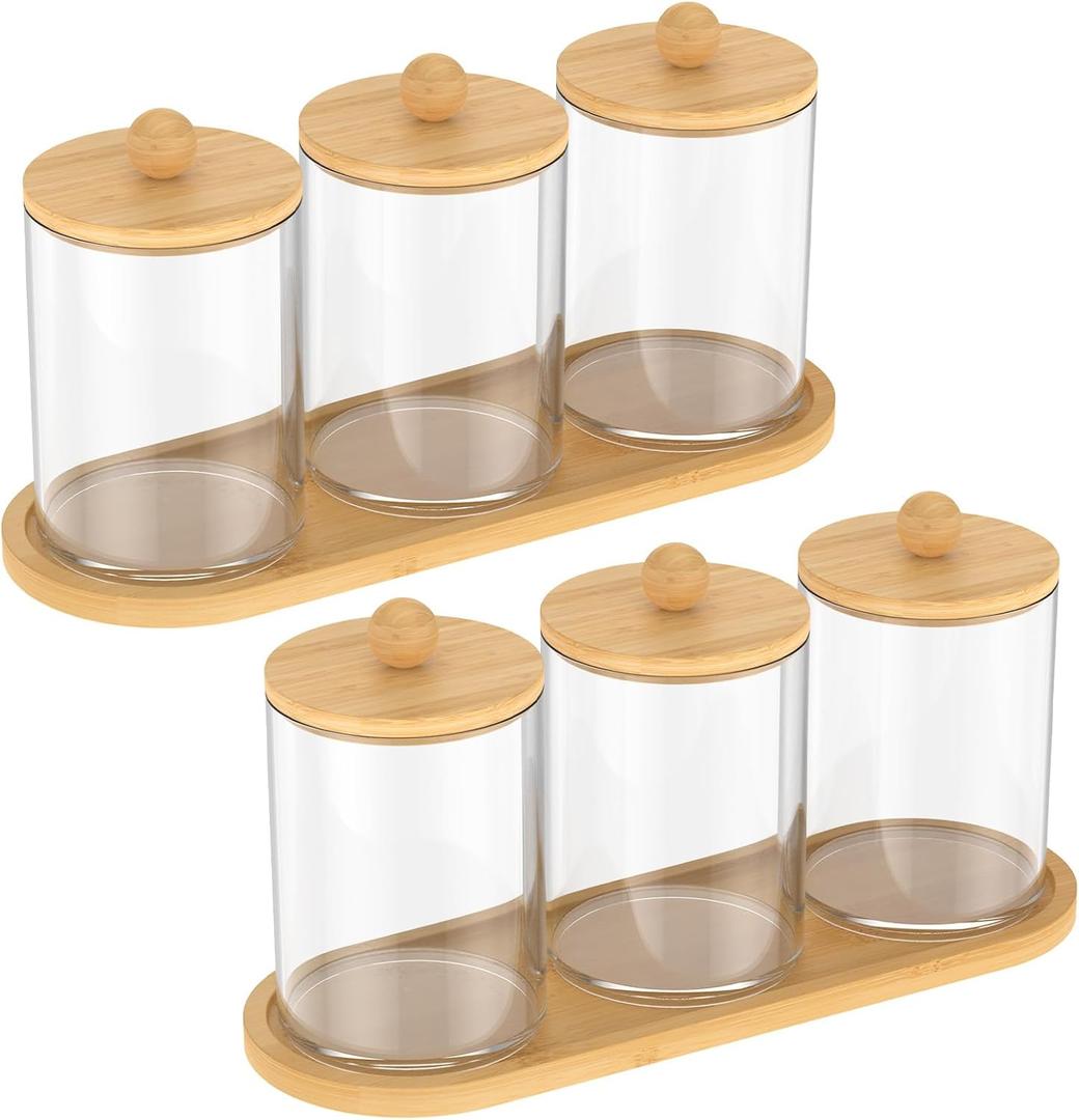 6Pack Qtip Holder Dispenser with Bamboo Lids, Cotton Round Holder with Tray for Cotton Swab, Ball, Pads and Floss, Clear Plastic Jar Containers for Vanity Makeup Organizer Storage, 6pcs