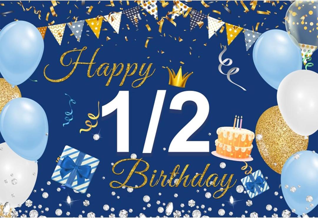 YongFoto Happy 1/2 Birthday Backdrop 5x3ft Balloons Cake Gift Box Blue Photography Background 6 Months Baby Half Bday Party Banner Decor Cake Table Supplies Photoshoot Wallpaper Photo Booth Props