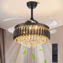 Moooni 48" Large Luxury Crystal Ceiling Fan with Light and Remote Control, Crystal Chandelier with Fan LED Dimmable 6-Speed, Modern Bladeless Ceiling Fan for Living Room Dining Room Foyer Hotel (Black)