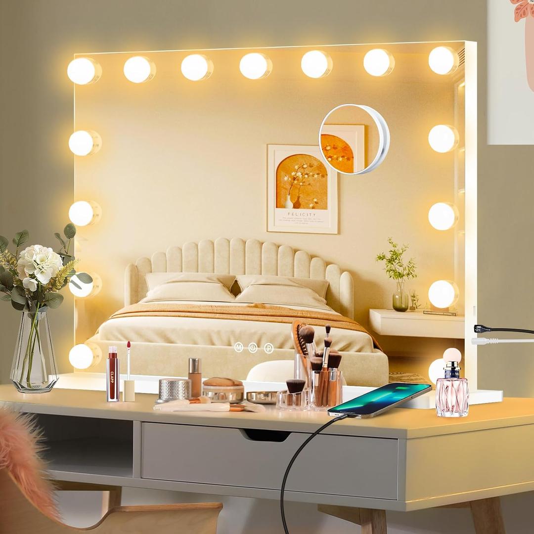 Moonee Vanity Mirror with Lights, Hollywood Lighted Makeup Mirror with 15 Dimmable Bulbs and 10X Magnification, 3 Colors Modes, Light Up Mirror, Gifts for Mother, Girl, Dorm Room Essentials23" x 18"