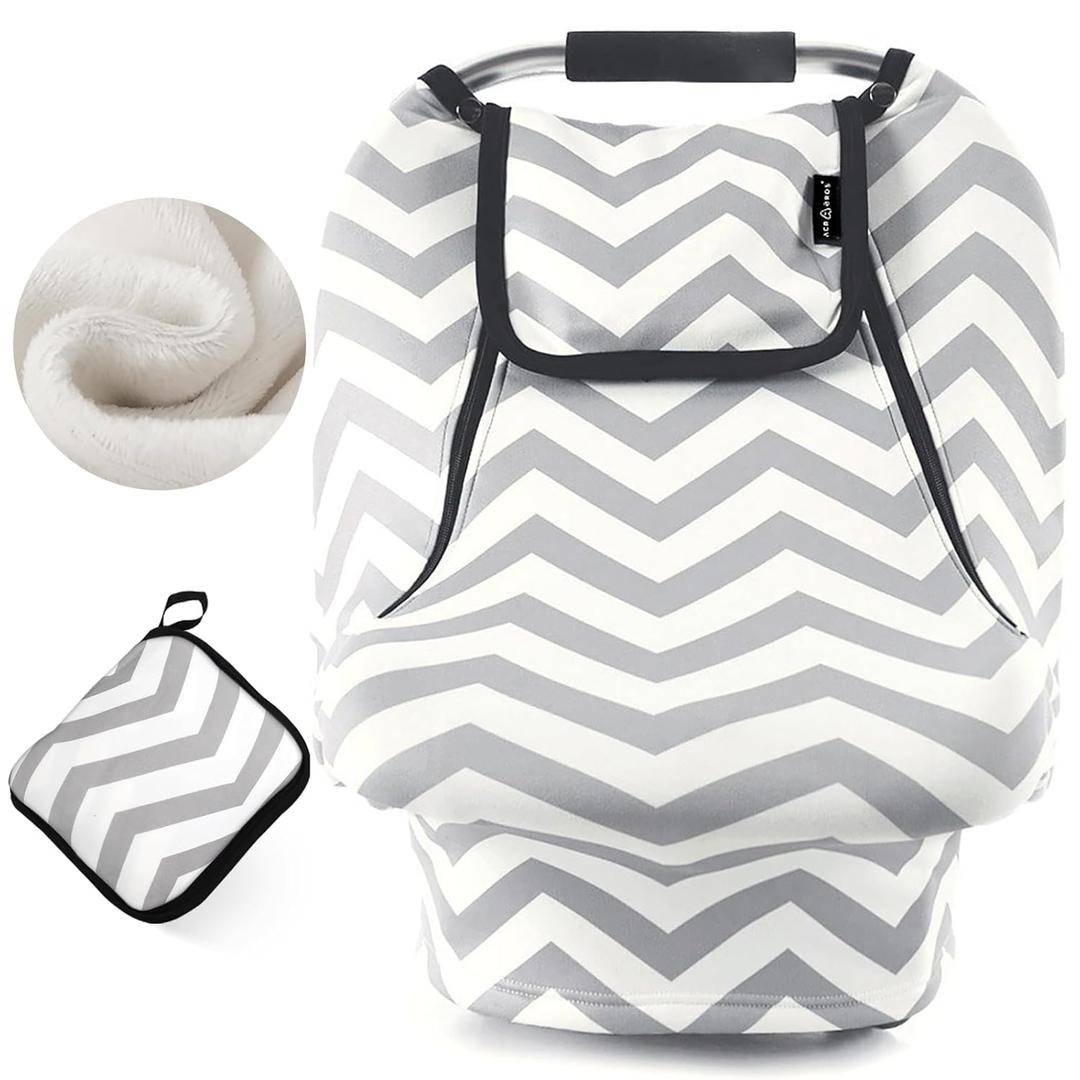 ACRABROS Car Seat Covers for Babies, All-Season Infant Carseat Cover Canopy for Boys and Girls, Stretchy Adjustable Peeping Window with Mesh Cover, Warm Breathable Universal, Grey White Chevron