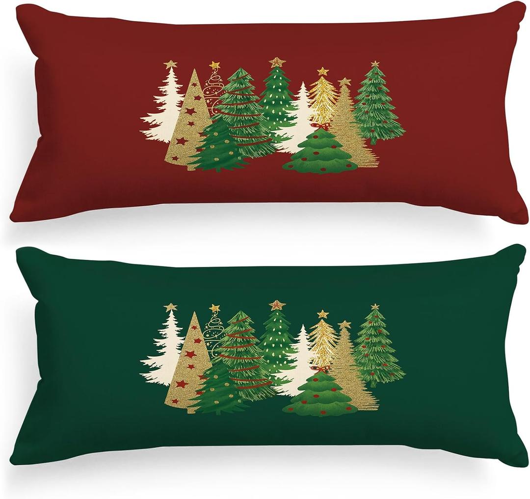 Lanpn Christmas Standard Pillowcase 20x54 Set of 2, Red Green Decorative Lumbar Pillow Cases 20 x 54 Long Rectangle Standard Shams Throw Bed Pillow Covers Xmas Cushion Cover 2 Pack