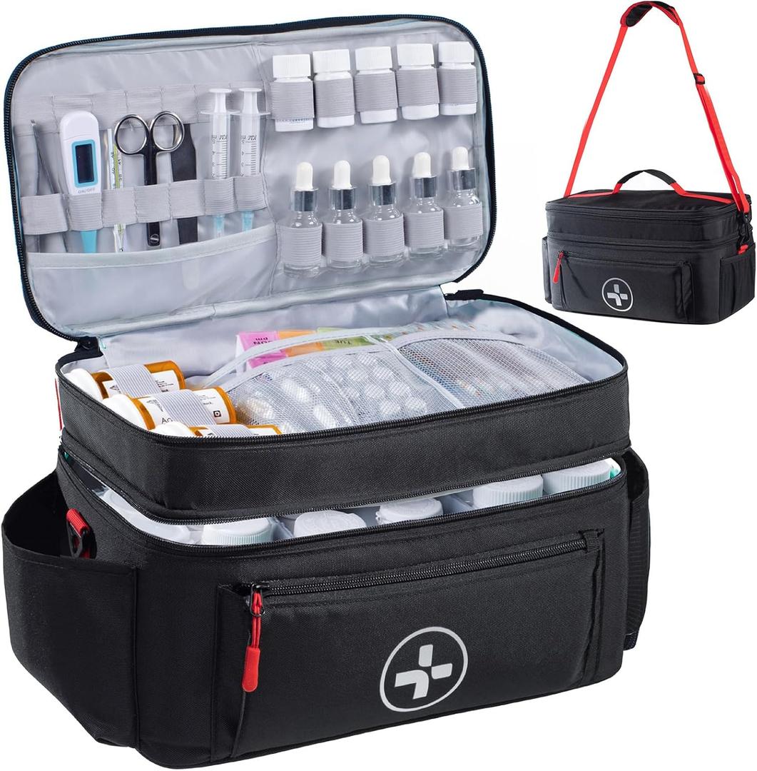 BAGSFY Travel Medicine Bag Organizer, Medical Bag Empty, Pill Bottle Organizer for Home, Large Medication Storage, Travel Carrying Case First Aid Kit Bags Empty, Emergency Kit. (Double-Layer(Style A), Black)