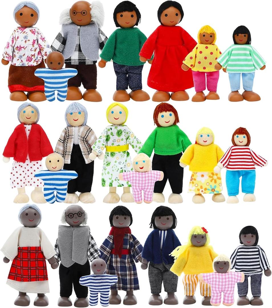 ONEST 23 Pieces Wooden Dollhouse Family Set Mini People Figures Dollhouse Dolls Wooden Doll Family Pretend Play Figures Accessories for Pretend Doll House Toy