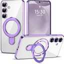 Compatible with Samsung Galaxy S24 Plus Case with Magnetic Ring Stand [Compatible with Mag-Safe] [Full Camera Lens Protector] Plating Clear Phone Case for Samsung S24 Plus 6.7", Light Purple