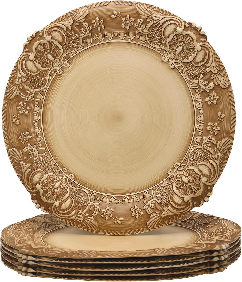 13-Inch Vintage Embossed Charger Plates, Set of 6 - Decorative Antique Gold Plastic Underplates for Dinner Party, Wedding, and Holiday Table Decor - Durable & Reusable Service Plates