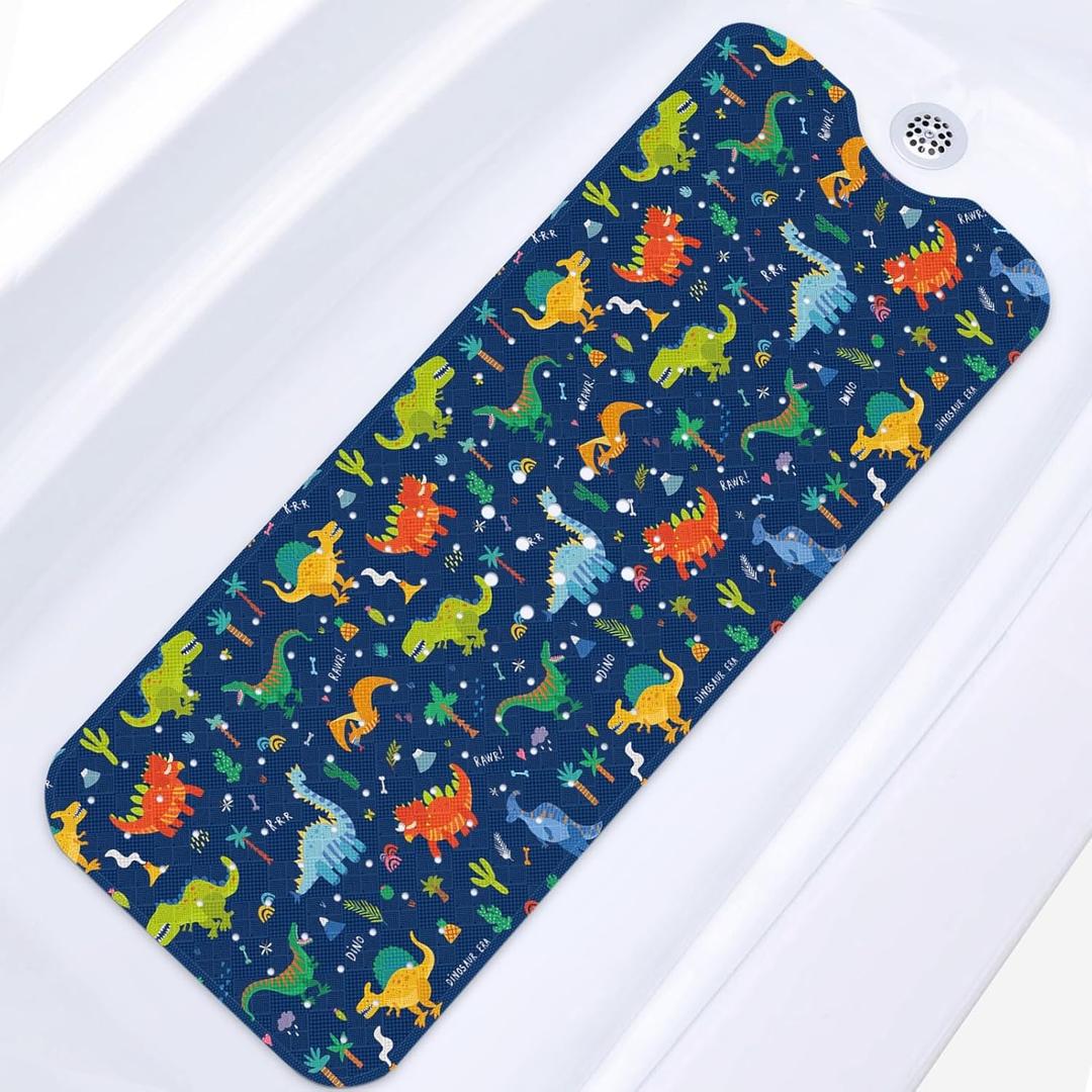 Baby Bath Mat for Tub for Kids, Cute Dino Animal 40 X 16 Inch Extra Long Toddler Bathtub Non Slip Cartoon Dinosaurs Shower Mat for Tub Anti Slip with Suction Cups and Drain Holes