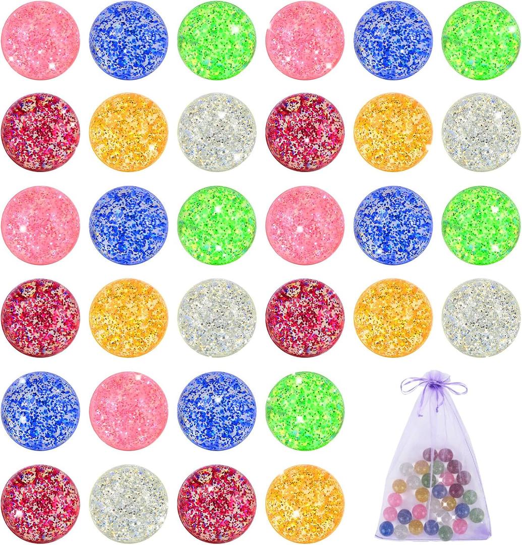 30PCS Glitter Bouncy Balls for Kids 25mm 6 Assorted Colors Rubber Bounce Balls Bulk for Party Favors, Easter Goodie Bags Stuffers for Kids, Pinata Stuffers, Prizes, Halloween Christmas