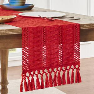 ZeeMart Macrame Style Boho Table Runner, Red Table Runners 48 Inches Long, Farmhouse Woven Home Decor, 12x48 Inch, Red