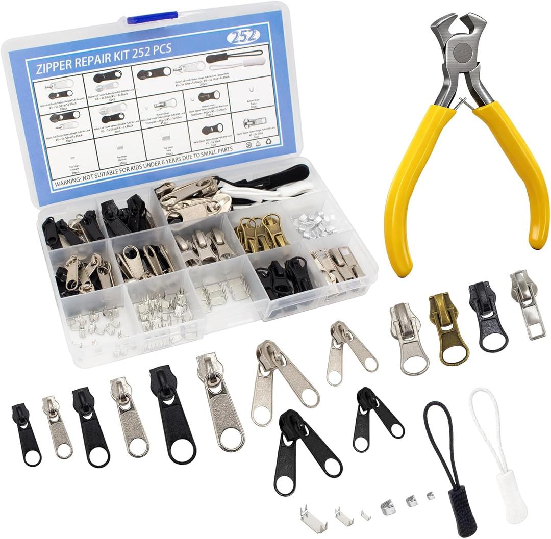 252Pcs Zipper Repair Kit Replacement Zippers Sliders Universal Zippers Fix Repair with Pulls and Pliers for Clothes Backpack Boot Tent DIY #3#5#8 Sizes