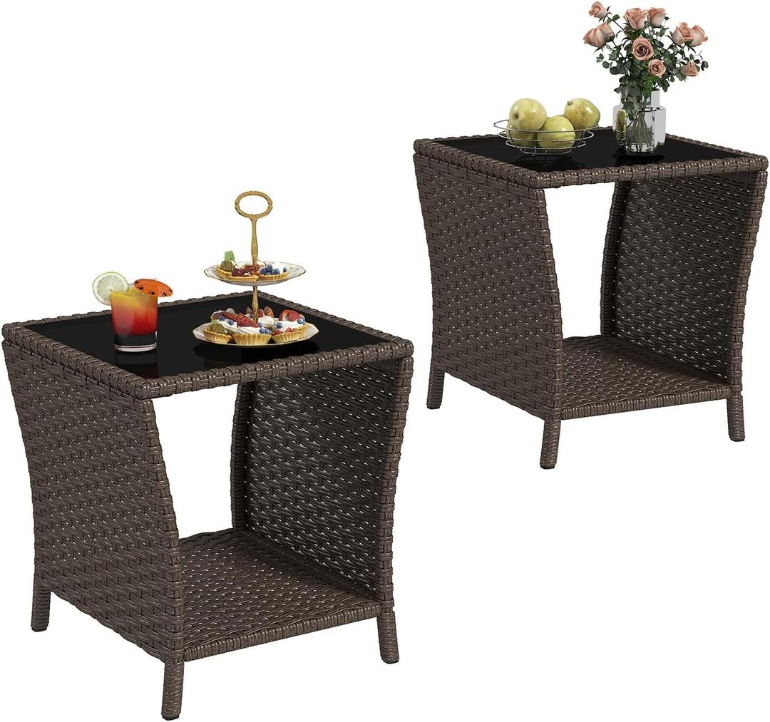 kinbor Outdoor Wicker Side Table - Set of 2 Tempered Glass Top Small Outdoor Table with Storage Shelf for Patio, Balcony & Porch, Durable PE Rattan & Iron Frame