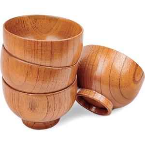 Handmade Wood Bowls,Jujube Wooden Japanese Bowl for Rice,Soup,Dip,Salad,Tea,Decoration 4 Sets(4 Bowls 4.6 IN)