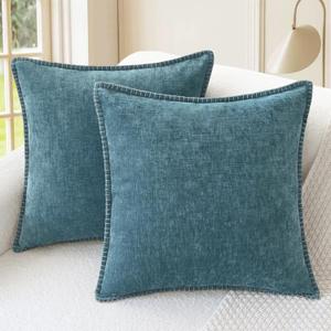 CaliTime Throw Pillow Covers Decorative 24 X 24 Inches Pack of 2 Cotton Thread Stitching Edges Solid Dyed Soft Chenille Cushion Cases for Couch Sofa Bed Living Room Farmhouse Smoke Blue