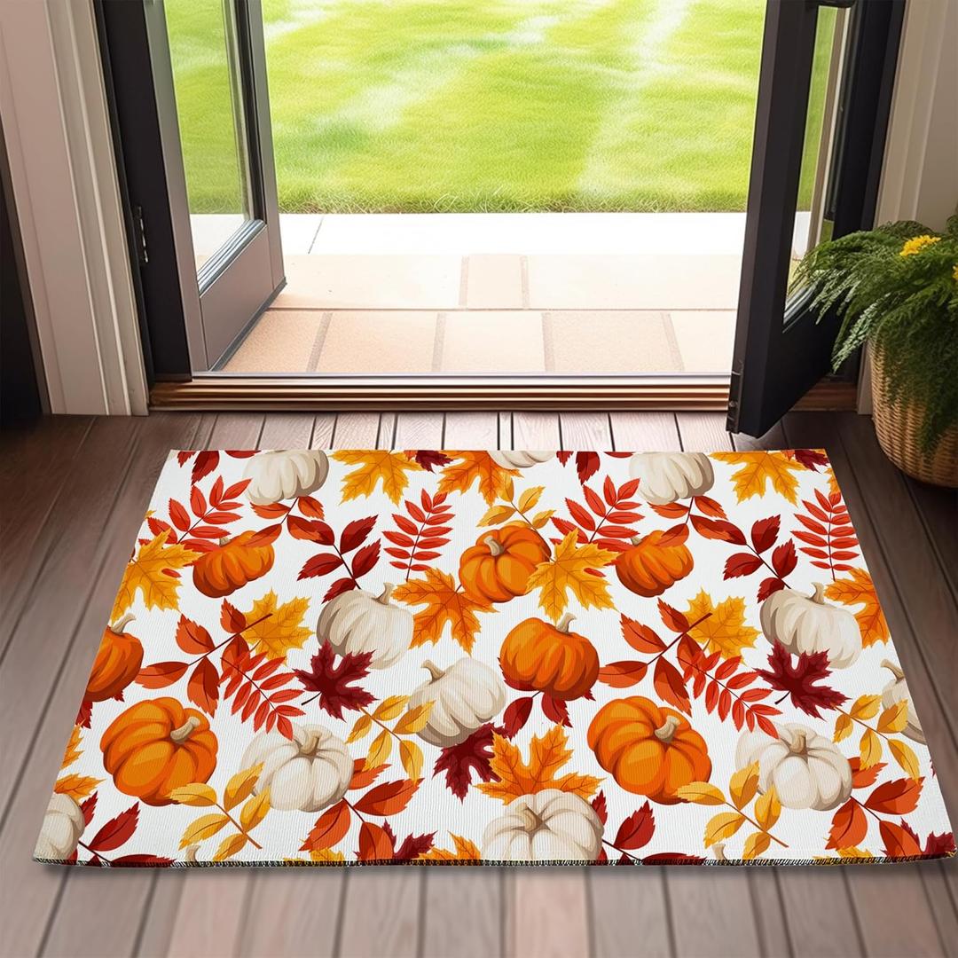 Front Door Mat,Autumn Leaves Indoor Outdoor Entrance Thanksgiving Pumpkin Welcome Doormats,Non-Slip Low Profile Entryway Mats for Porch Patio 17''x30''