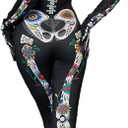 Joy Bang 3D Skeleton Costume Women, Halloween Sexy Skull Onesie Bodysuit with Gloves, Dia de los Muertos Jumpsuit (Black, XL)