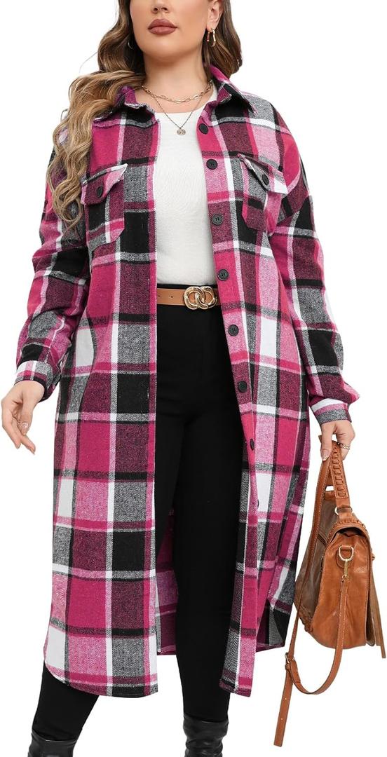 ZOMVA 2024 Women's 0X-5X Plus Size Long Flannel Plaid Shacket Jacket Oversized Button Down Coats Shirts with Pockets (4X-Large Plus, Pink)