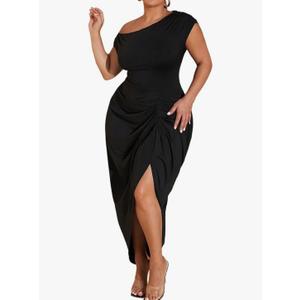 Floerns Women's Plus Size Asymmetrical Neck Long Dress Ruched Slit Hem Cocktail Dress, 2XL