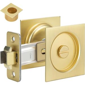 Goldenwarm Brushed Gold Pocket Door Lock with Pull, Square Pocket Door Hardware 2-3/8" Backset, Gold Pocket Door Handles 1 Pack