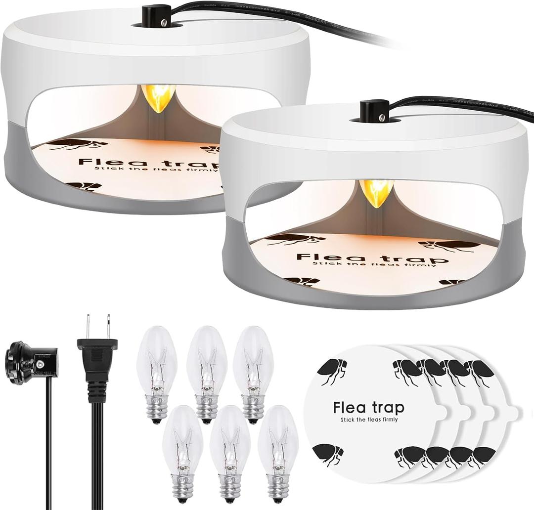 Micnaron Flea Traps for Inside Your Home 2 Packs, Flea Light Trap for Indoor, Bed Bug Killer with Sticky Pads & Light Bulb Replacement, Natural Fleas Insect Infestation Treatment Trap (White+Grey)